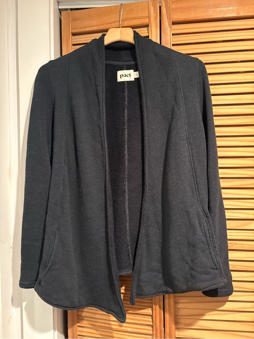 Pact Organic Cotton French Terry Open Front wrap Cardigan Black Jacket Pockets